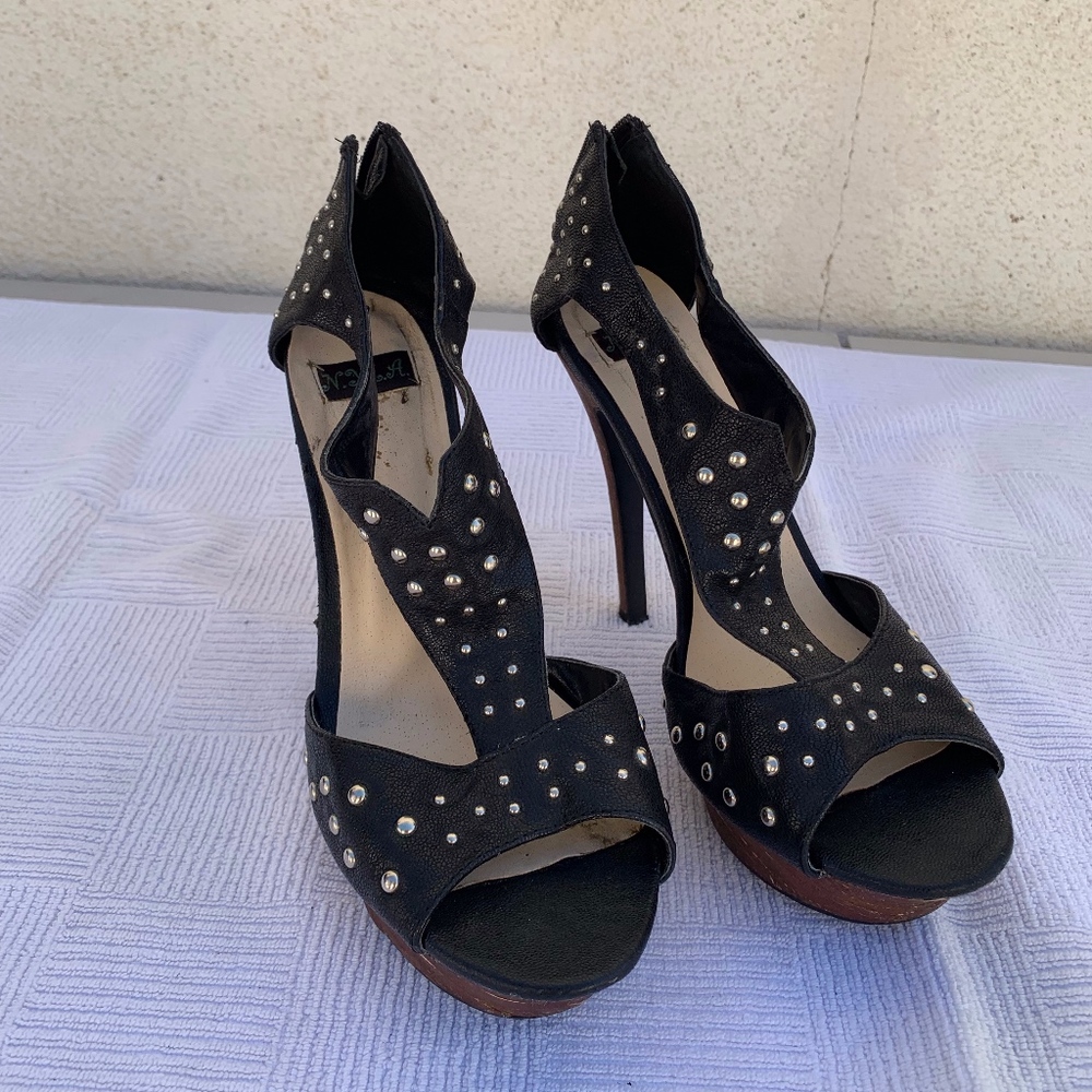 Black faux leather with studs heels